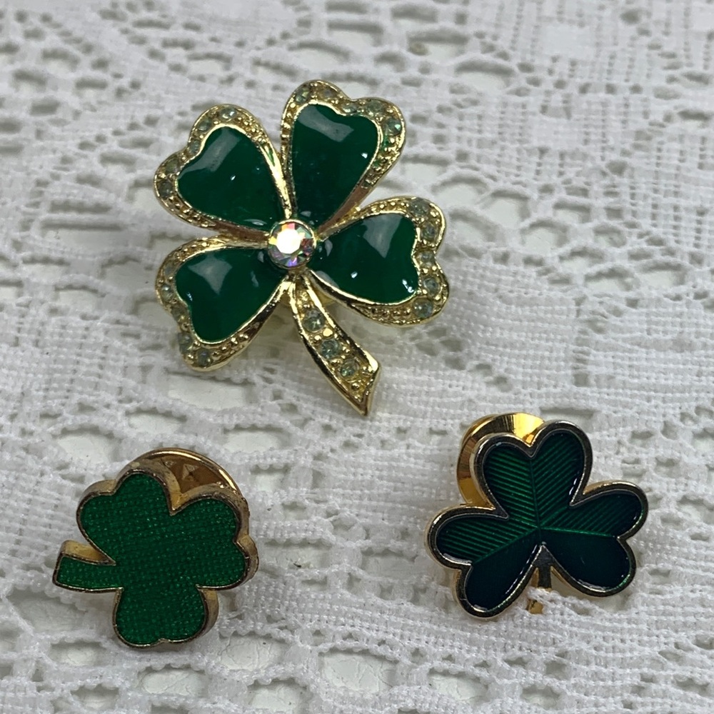 Vintage Green Gold Shamrock Clover Pin Set of 3 St Patrick’s Day